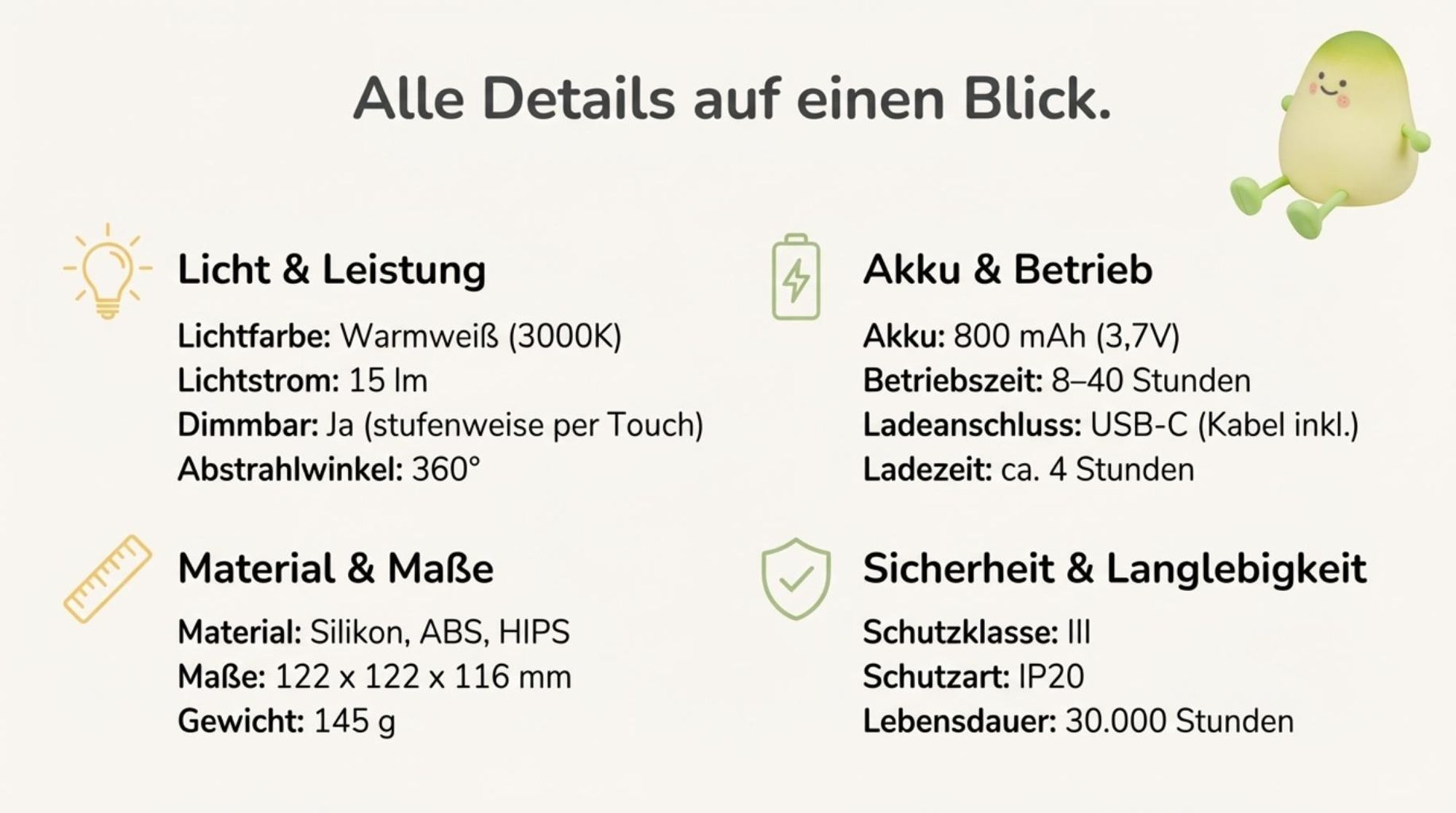 MasterLED LED Nachtlicht Silikon Birne Touch Nachtlampe, USB-C mit Timer, warmweiß, Schlaflicht Kinderzimmer tragbare Schlafhilfe Stilllicht, Gesche