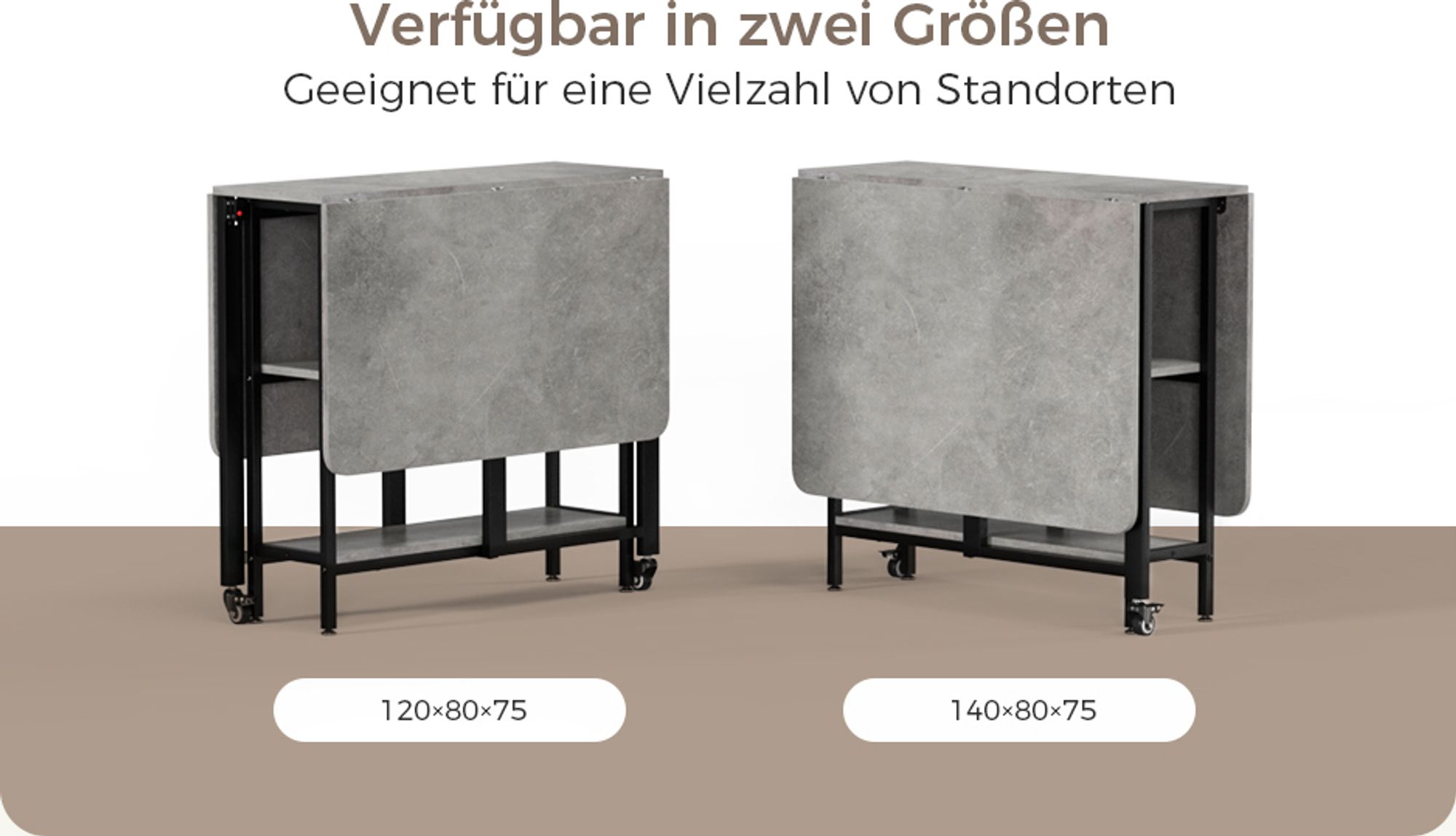 Mondeer Klappbarer Esstisch Küchentisch mit 2 Ablagen und Rollen 140 x 80 x 75 cm Grau