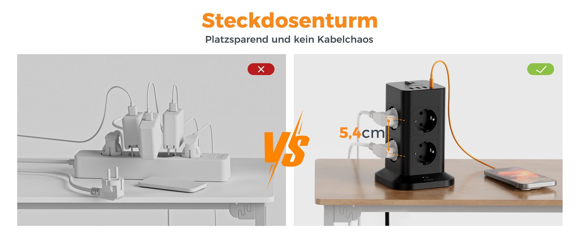 TESSAN 8 Fach Mehrfachsteckdose mit 1 USB C 3 USB A Verlängerungskabel 2M für Zuhause 3600W