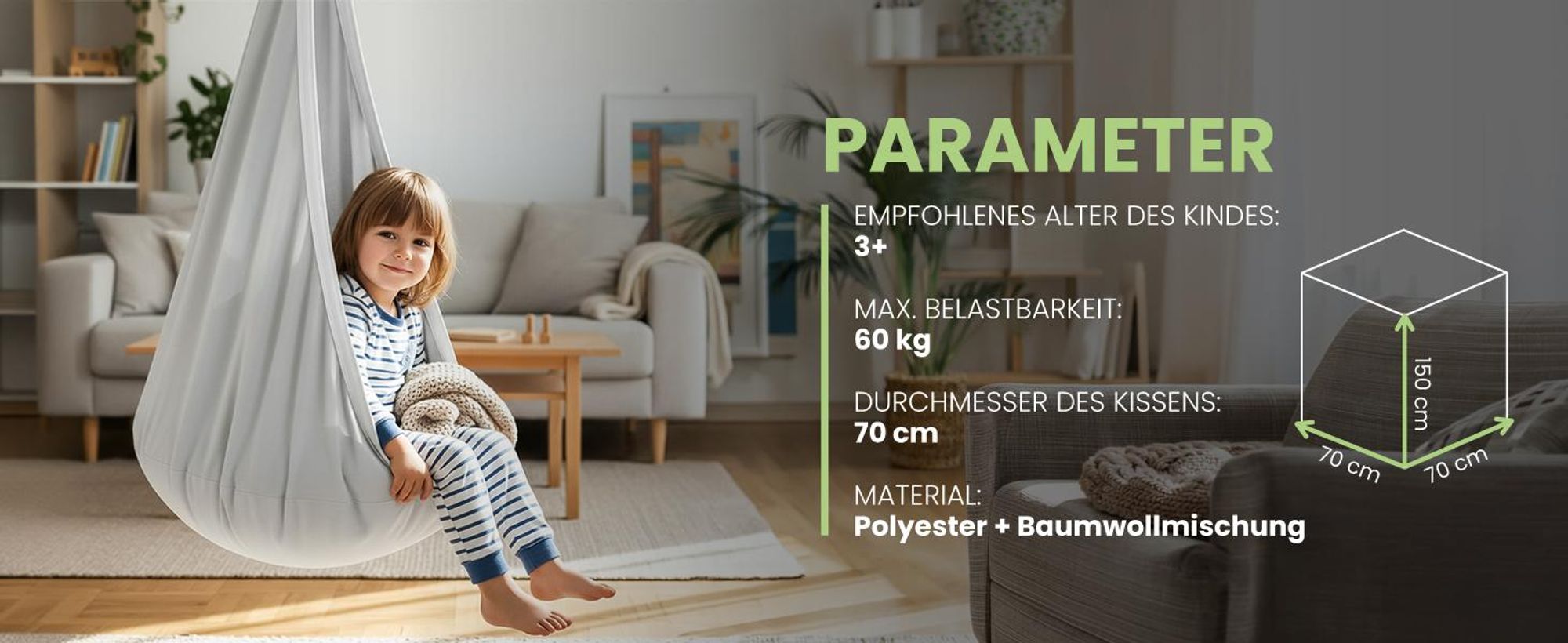 Graue Hängekokon für Kinder Hängestuhl mit Kissen