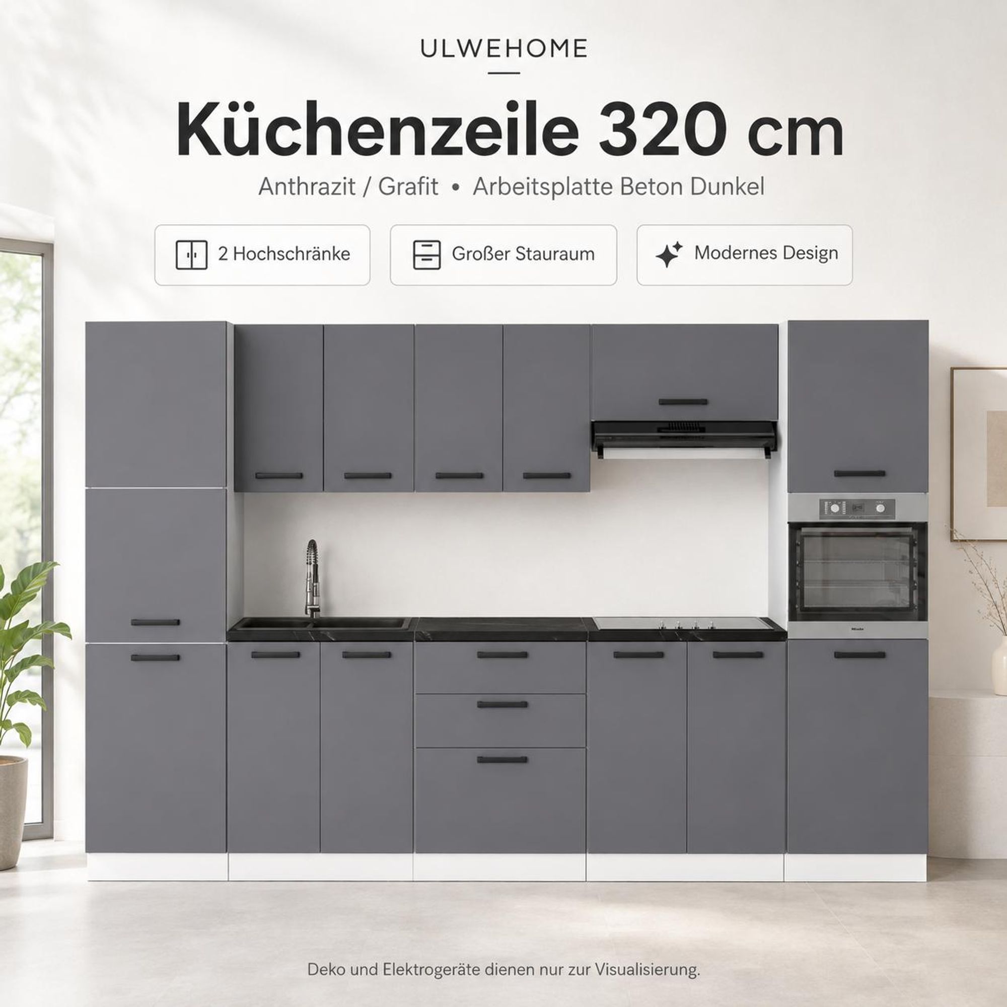 Moderne Küchenzeile 320 cm Anthrazit Grafit mit Arbeitsplatte Beton Dunkel