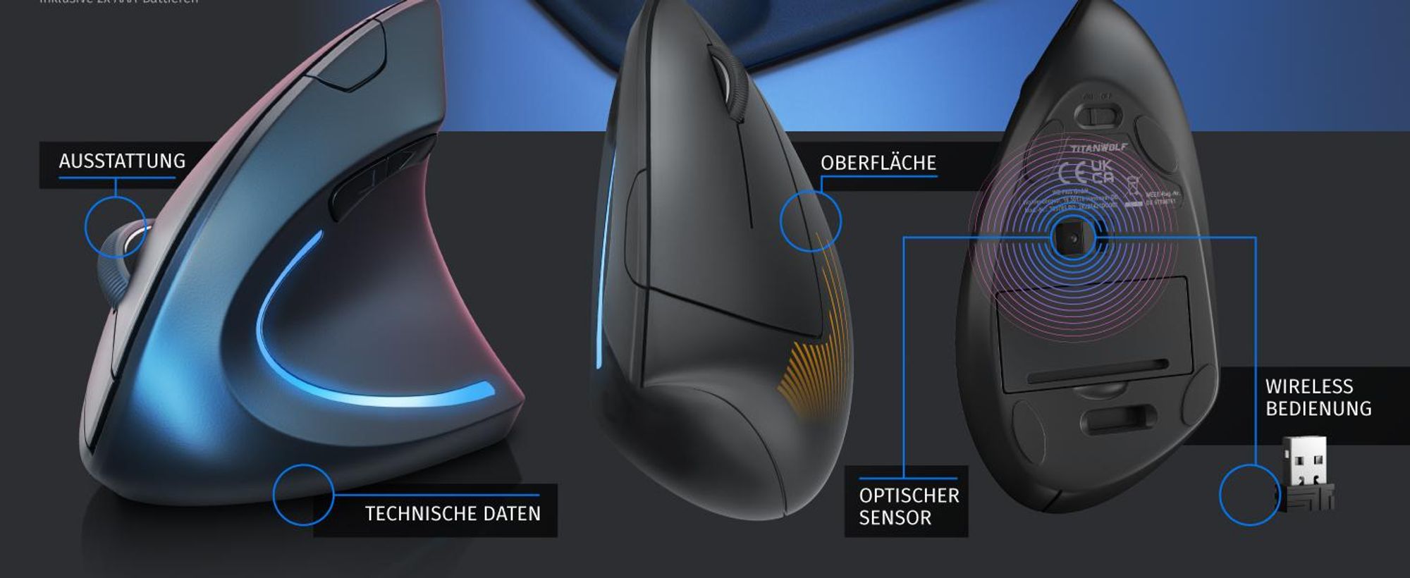 TITANWOLF - Maus Vertikal Wireless - ergonomische Funk Vertikalmaus 2,4 Ghz - USB Vertical Mouse – Funkmaus ergonomisches Design - armschonend - kompatibel mit PC und MAC