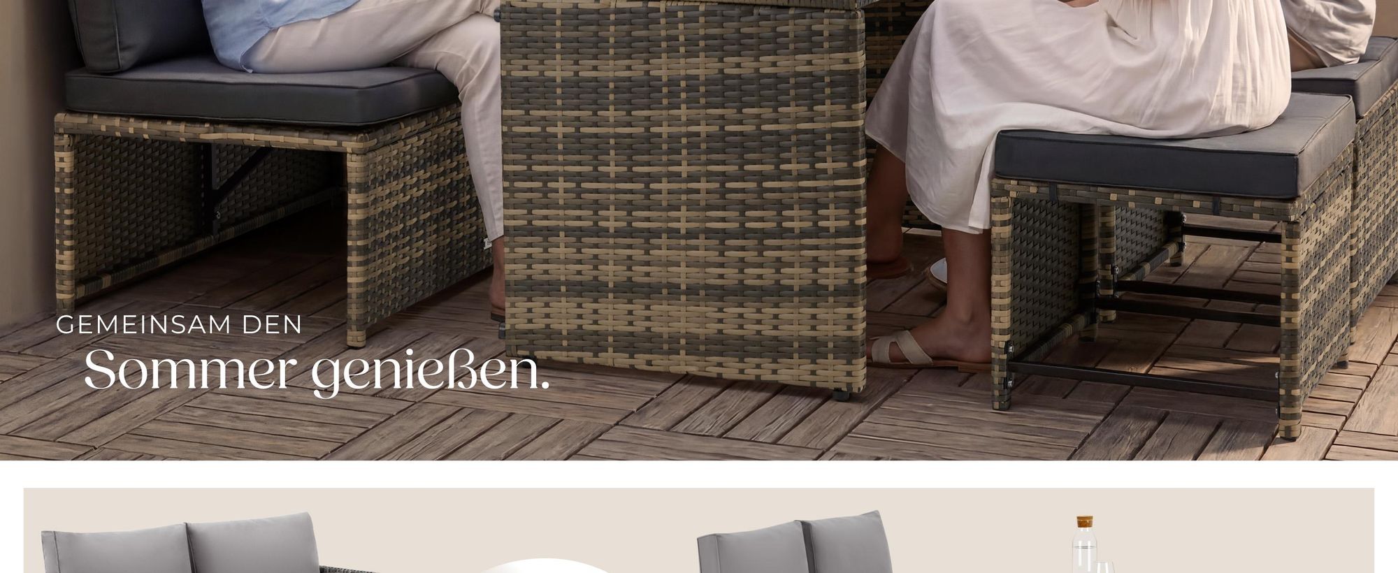 tectake 2in1 Rattanlounge-Set 4 Personen Sitzgruppe Polyrattan Gartenmöbel Sofa Tisch 2 Hocker Kissen Balkon Terrasse wetterfest 110x60cm
