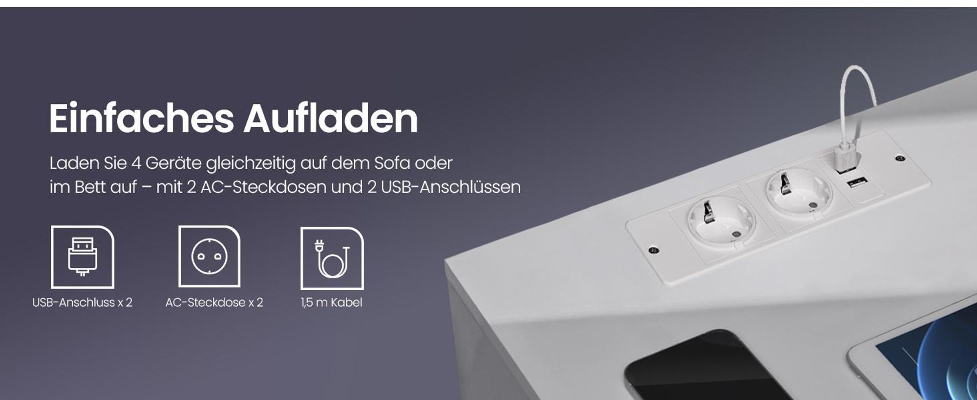 VASAGLE Nachttisch mit einstellbarer LED, Beistelltisch mit Steckdosen