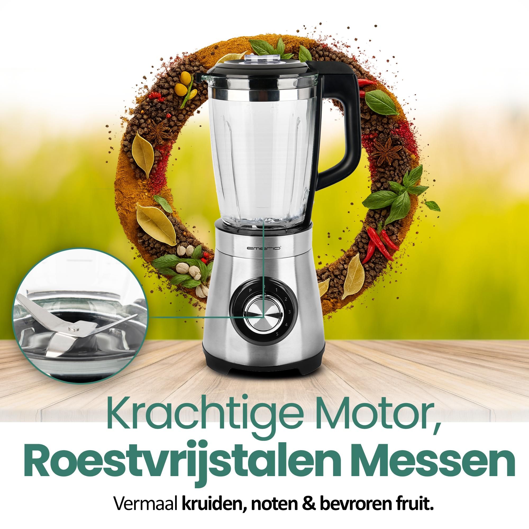 Emerio Blender BL-126794 – 1,75 L – 1000 W – 5 Snelheden – Glazen Kan – RVS Messen