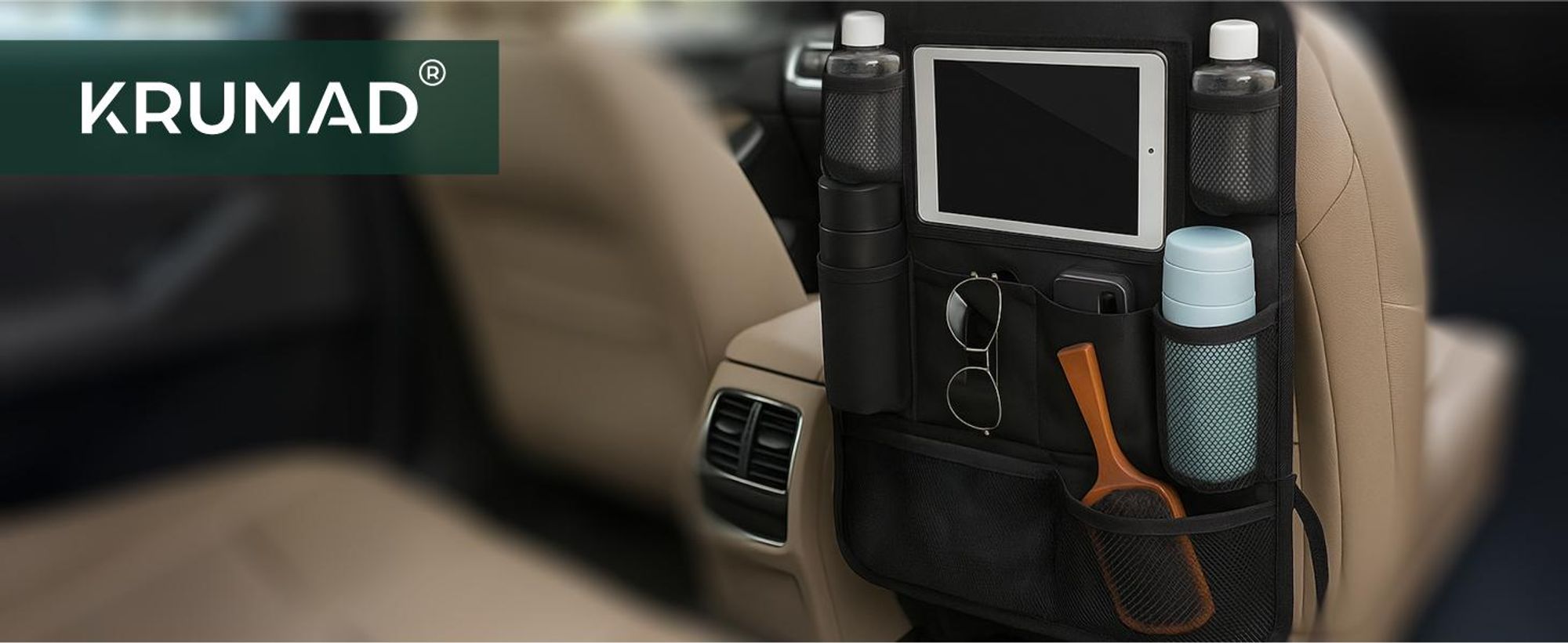 KRUMAD Auto Organizer Rücksitz 61×41 cm – Kofferraum/Autositz Organizer mit Tablet-Halter bis 10", 10 Taschen & 2 Kopfstützen-Haken, wasserdicht