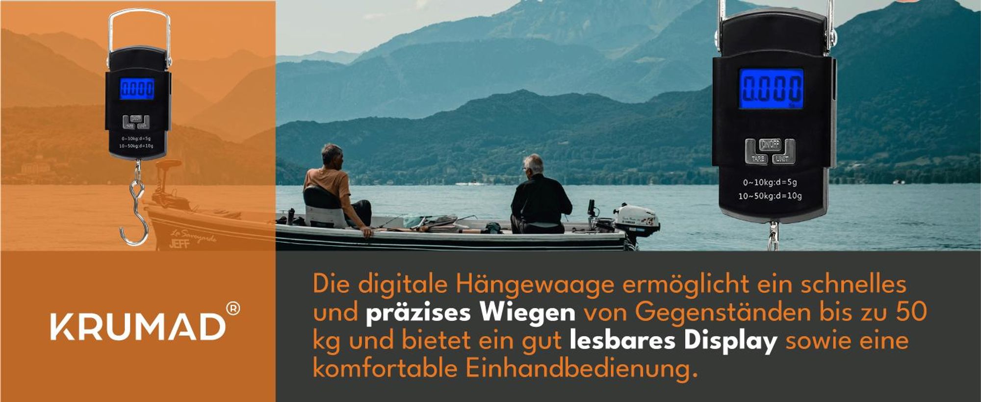 KRUMAD Digitale Kofferwaage 50 kg – tragbare Gepäckwaage mit Haken & LCD – Handwaage mit TARA für Reisen, Fluggepäck & Gepäckkontrolle