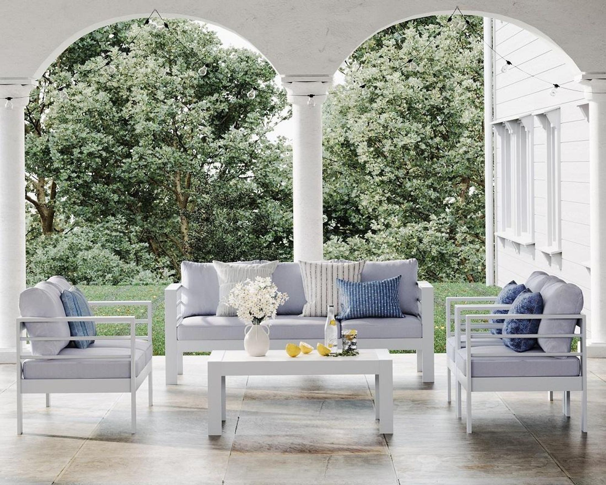 MeXo Gartenmöbelset, Loungeset Aluminium für 6-7 Personen mit Kissen & Couchtisch Indoor Outdoor Balkon Garten Terrasse (Sitzgruppe, Aluminiumrahmen)
