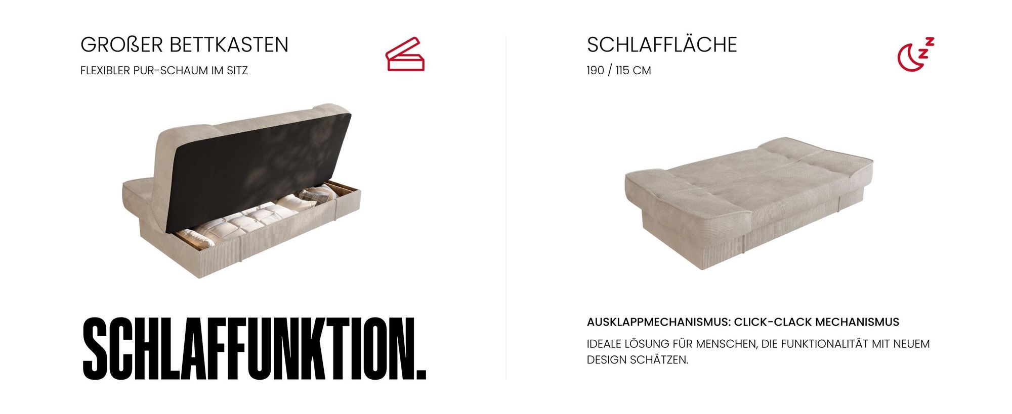 BroMARKT Sofa mit Schlaffunktion TOLIA Schlafsofa mit Bettkasten Klappsofa Couch 190x115 cm Beige Cordstoff