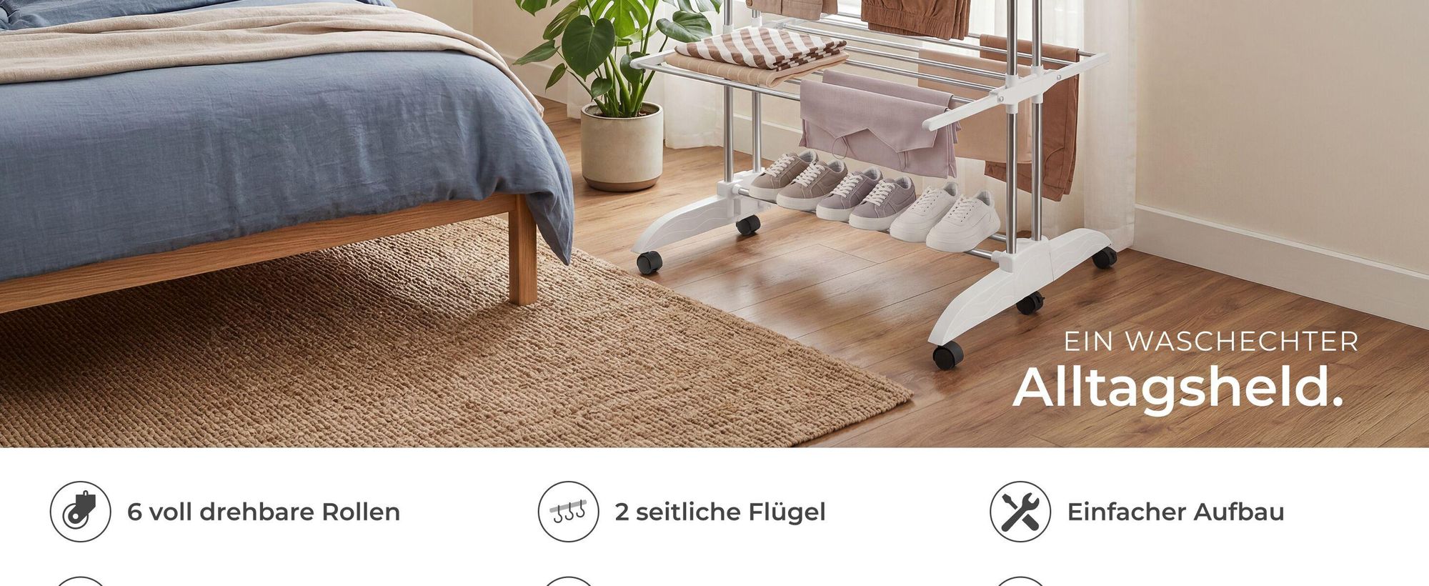 tectake® Turmwäscheständer Odelia klappbar 6 drehbare Doppelrollen, 2 mit Feststellbremsen
