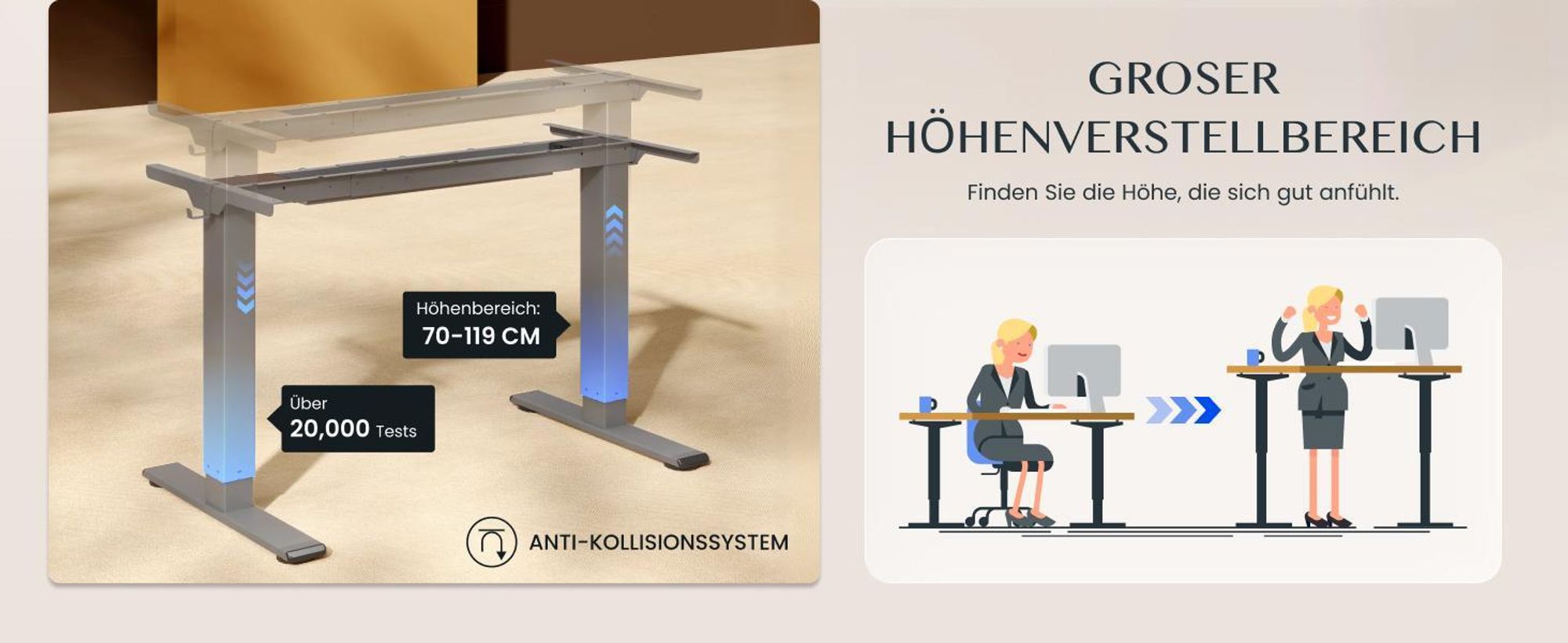 FlexiSpot E1 Pro Höhenverstellbarer Schreibtisch, Dualmotor 120 kg Tragkraft 4 Memory-Steuerung, Anti-Kollisionsschutz, Tischgestell Elektrisch (Grau)