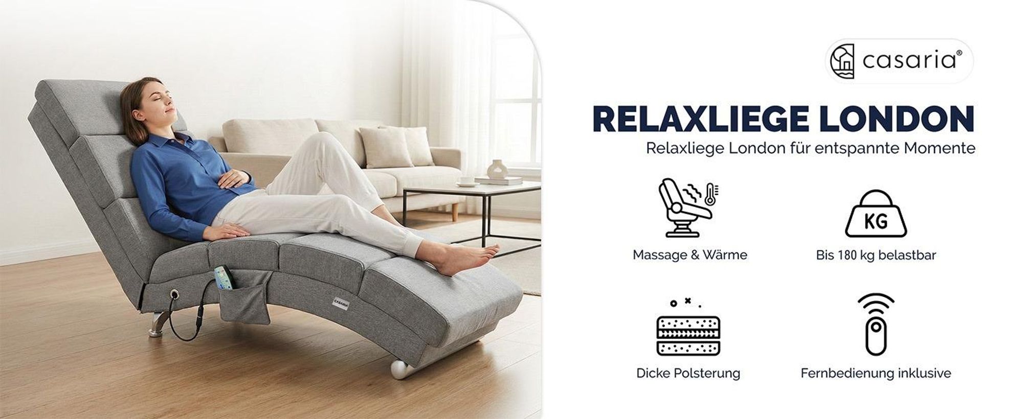 CASARIA® Relaxliege XXL Massage Heizfunktion 186x89x55cm Ergonomisch Stoff Gepolstert 180kg Belastbarkeit Wohnzimmer Innen Chaiselongue Relaxsessel Grau