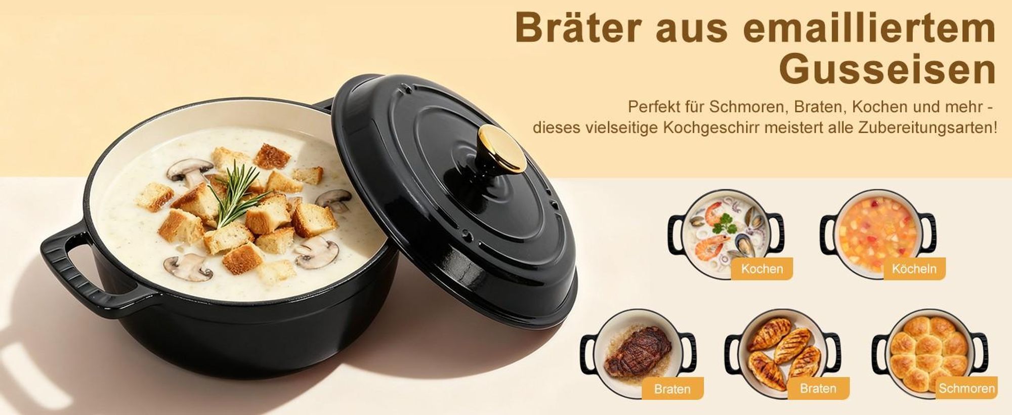 FCH Gusseisen Topf 26cm - 6QT-5.5L Emaille Bräter mit Deckel backofengeeignet - für Küche Backen Schmoren Braten (Schwarz)