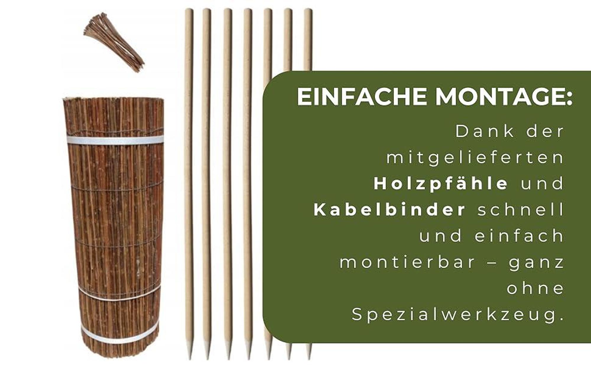 Set Weidenmatte 40x300 cm und 7 Stück Holzpfähle ⌀18 mm Länge 78 cm und 30 Stück Kabelbinder Weidezaun Zaunpfosten Holzpfosten Sichtschutz Garten