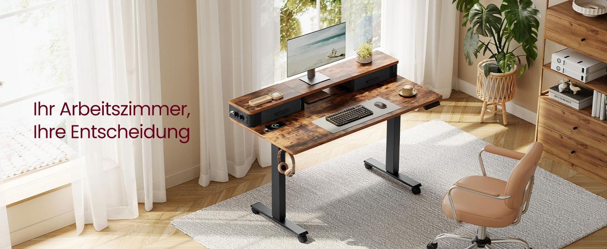 VASAGLE Höhenverstellbarer Schreibtisch elektrisch, 120 cm, stufenlos verstellbar, mit Steckdosenleiste, Haken, Memory-Funktion