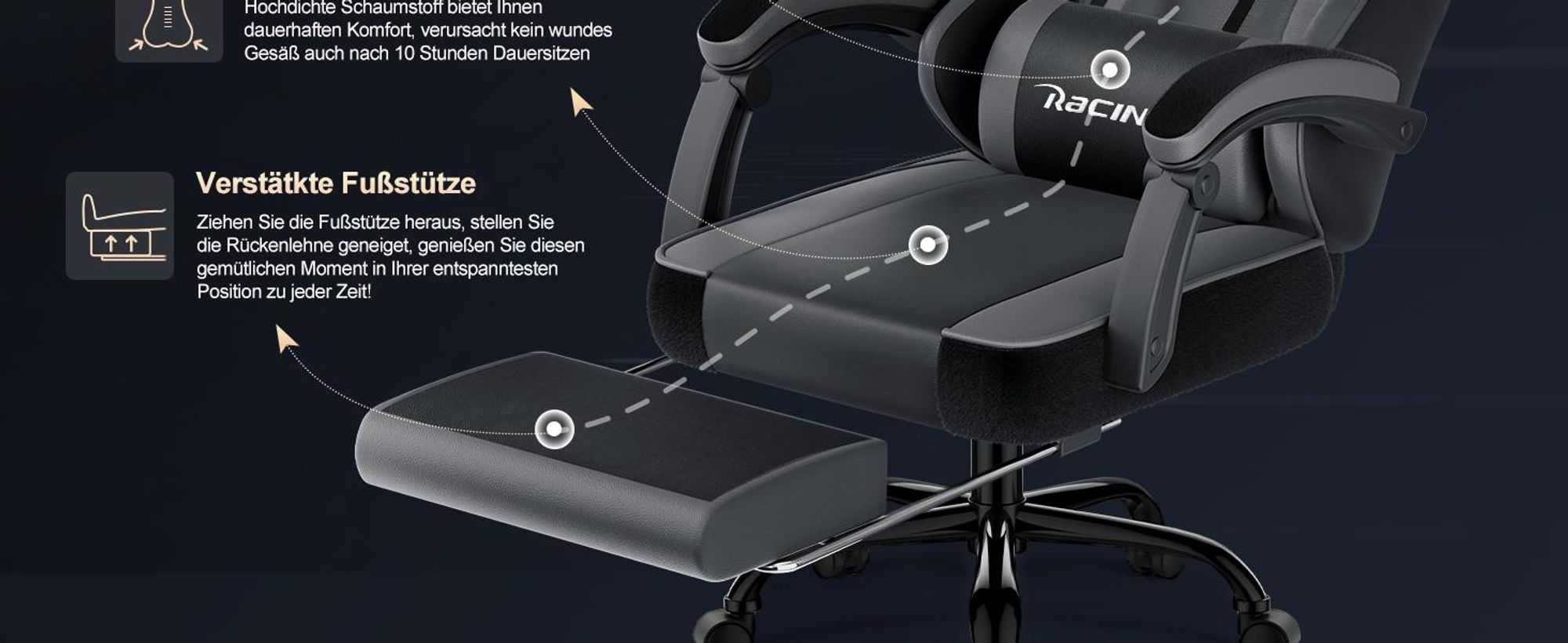 Portreen Gaming Stuhl,Bürostuhl Ergonomischer Gaming Sessel mit Lendenwirbelstütze Fußstütze, gepolstert,Kopfkissen Gaming Stuhl, 150kg Gaming Chair