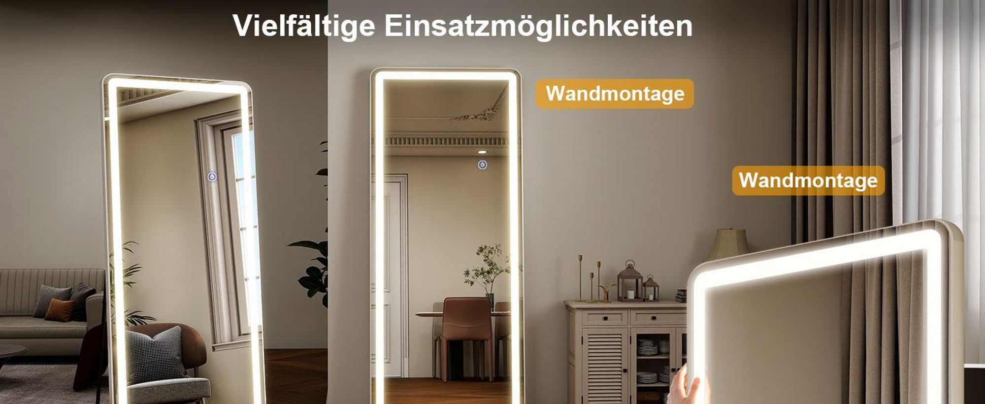 Koonmi LED Ganzkörperspiegel 180 x 66 cm stabiler Rahmen mit Touch, LED Spiegel mit Touchsteuerung, 3 Lichtfarben und beschlaghemmender