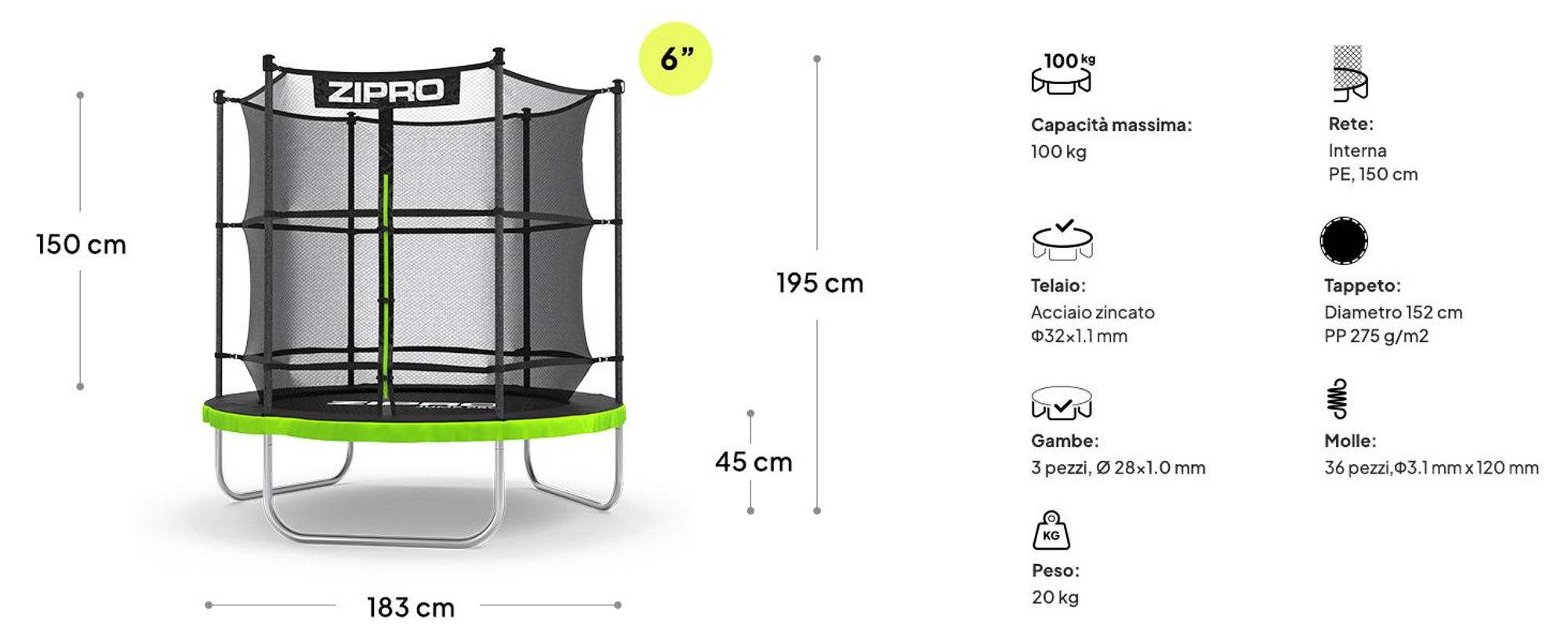 Trampolino ZIPRO Jump Pro IN | 6FT Ø 183 cm | Trampolino da giardino per bambini, set completo con rete interna, copertura perimetrale, per esterni, verde