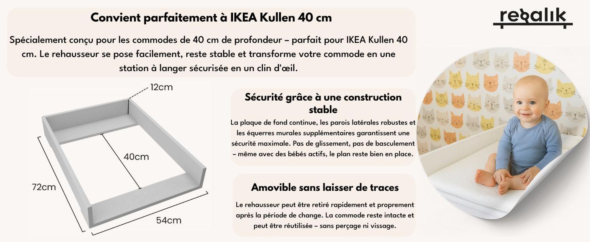 regalik Plan à Langer pour Kullen de IKEA, Extension pour Commode de 40 cm, Amovible, Plan à Langer avec Façades arrondis, Blanc