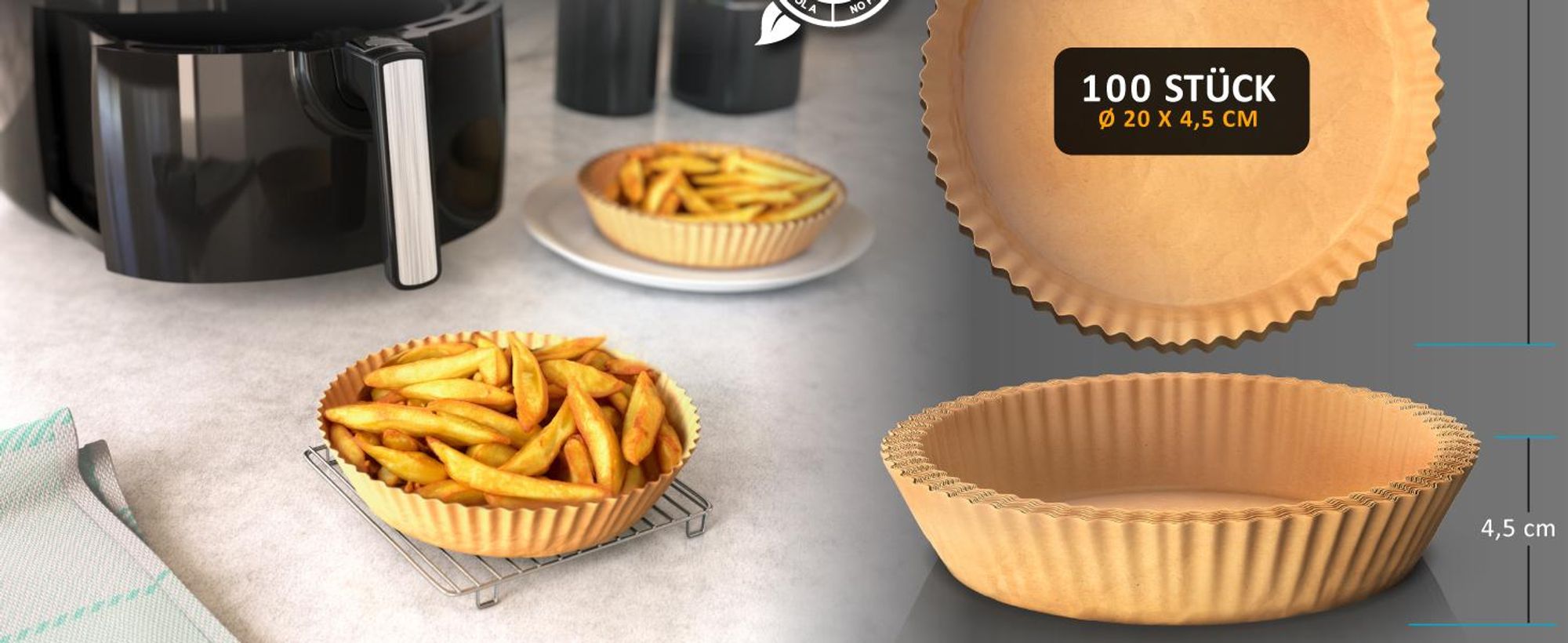 Arendo Backpapier für Heißluftfritteuse, rund, 4,7 - 7,5 L,  Ø 20 x 4,5 cm, antihaft, ungebleicht, für Ninja Airfryer AF300EU & AF400EU, 100 Stück