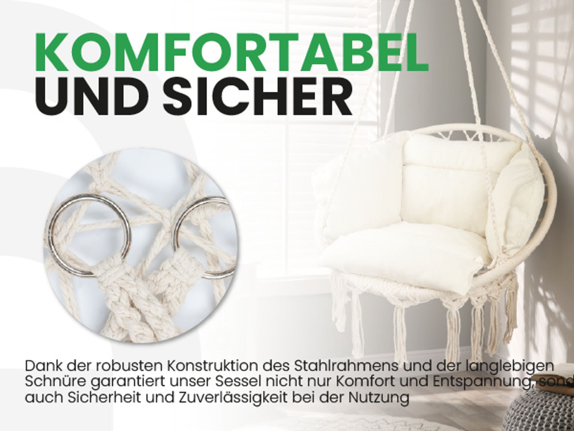 MalTec Hängesessel Garten Hängeschaukel Hängesitz Storchennest mit Kissen Grau für Terrasse, Hängematte bis 150kg Beige
