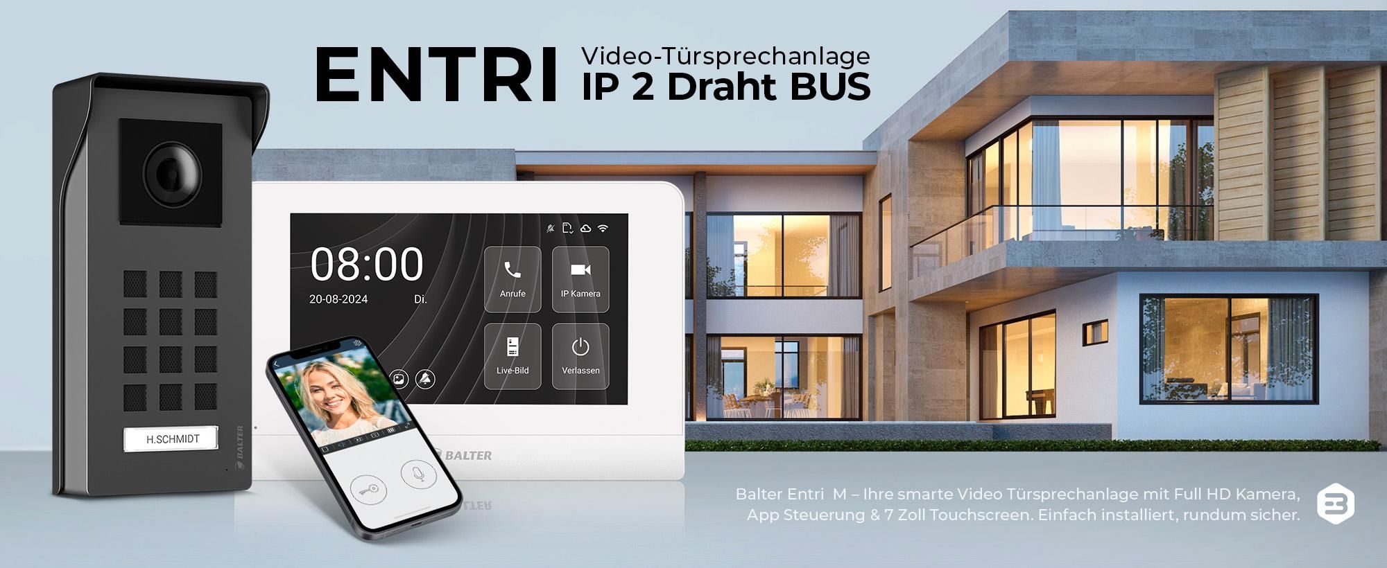 Entri M Video Türsprechanlage, Video Türklingel, 1 Familienhaus mit 2x 7-Zoll HD Monitor, 2-Draht, Aufputz, Smartphone App, Video Full HD Kamera