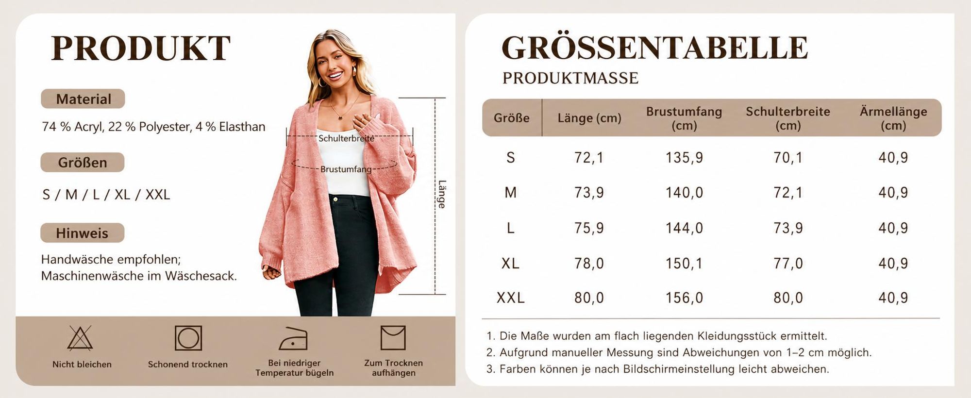 Oversize-Cardigan für Damen, offenes Design vorne, grob gestrickter Stoff,Größe:M