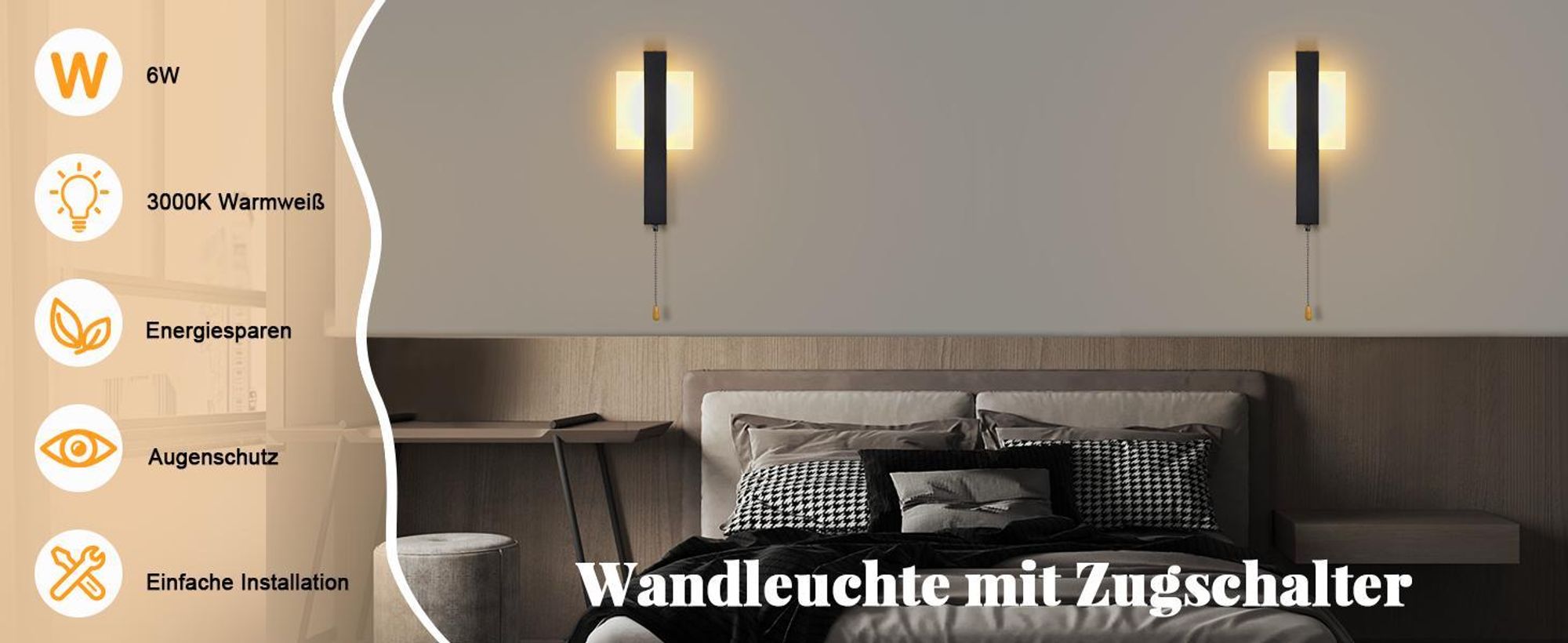 ZMH LED Wandleuchte Innen Wandlampe mit Schalter - Flurlempe Schwarz Modern Design Wandlampen Mit Zugschalter 3000K Warmweiß Quadratisch Wandbeleuchtung Eisen & Acryl 6W Schlafzimmerlampe für Flur
