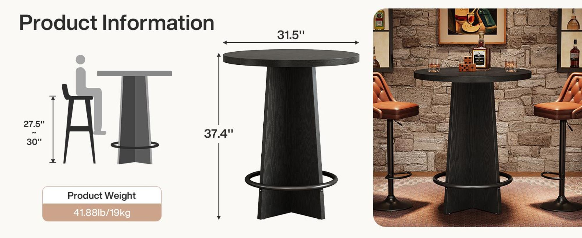 Tribesigns Runder Bartisch, 94 cm hoch, aus Holz, Bistrotisch mit Sockel und Metallring-Fußstütze für Kaffeehaus, Zuhause, kleiner Raum (nur Tisch)