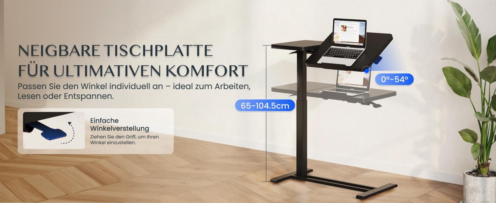 FLEXISPOT Beistelltisch Höhenverstellbar 80x40cm Laptoptisch mit Neigbarer Desktop, Betttisch mit Rollen, für Wohnzimmer und Schlafzimmer, Schwarz