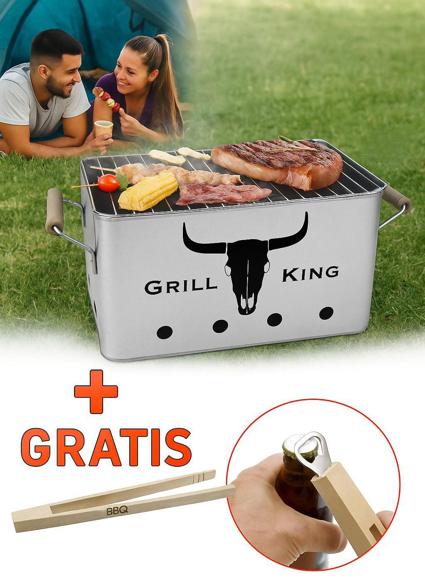Holzkohlegrill, BBQ Grill +Zange Gartengrill 43x22 cm, Tischgrill Campinggrill für Outdoor Kochen, Camping und Picknick