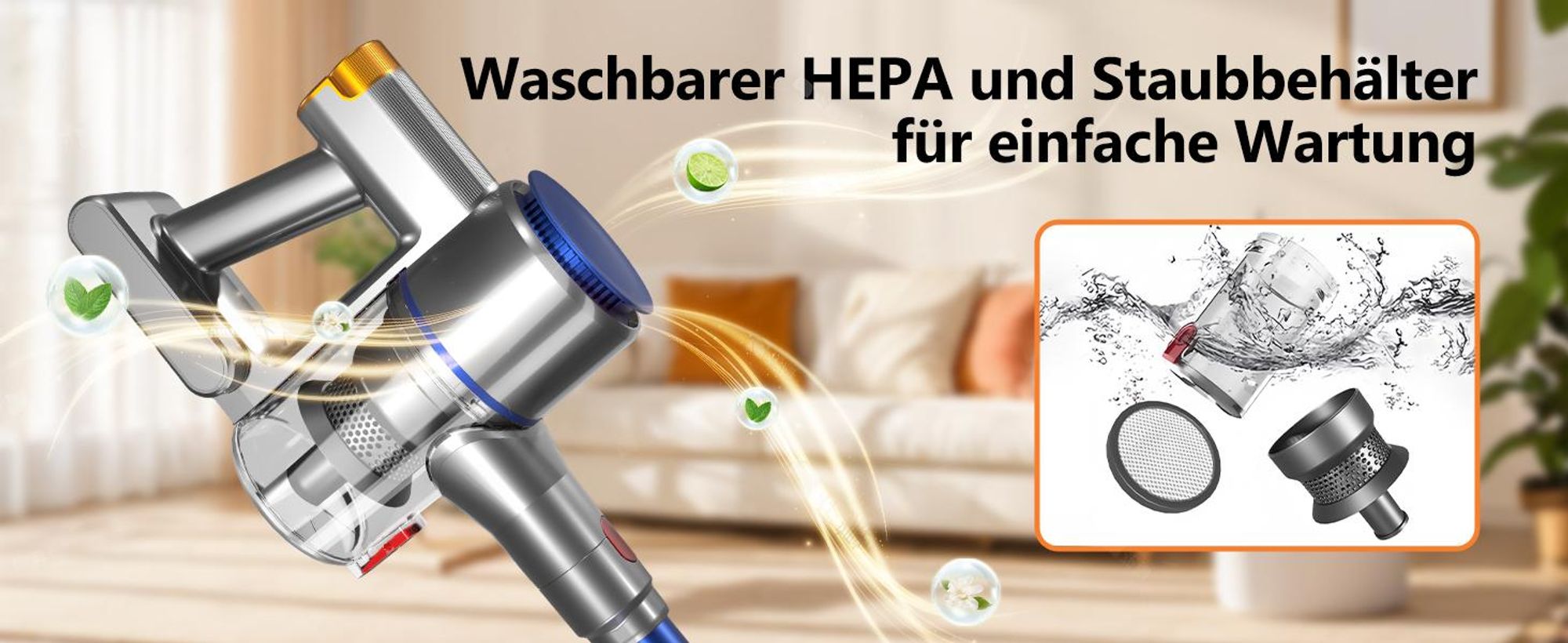 Portreen Akku Staubsauger,HEPAx4, 40000Pa Staubsauger kabellos,50 Min,Haushalte mit Haustieren ,kabelloser Staubsauger,Anti-Tangle-Staubsauger