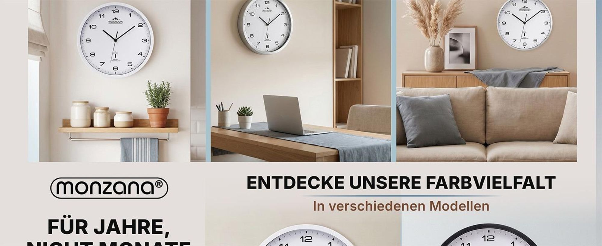 MONZANA Funkwanduhr Geräuscharm Schwarz Weiß 31cm Groß