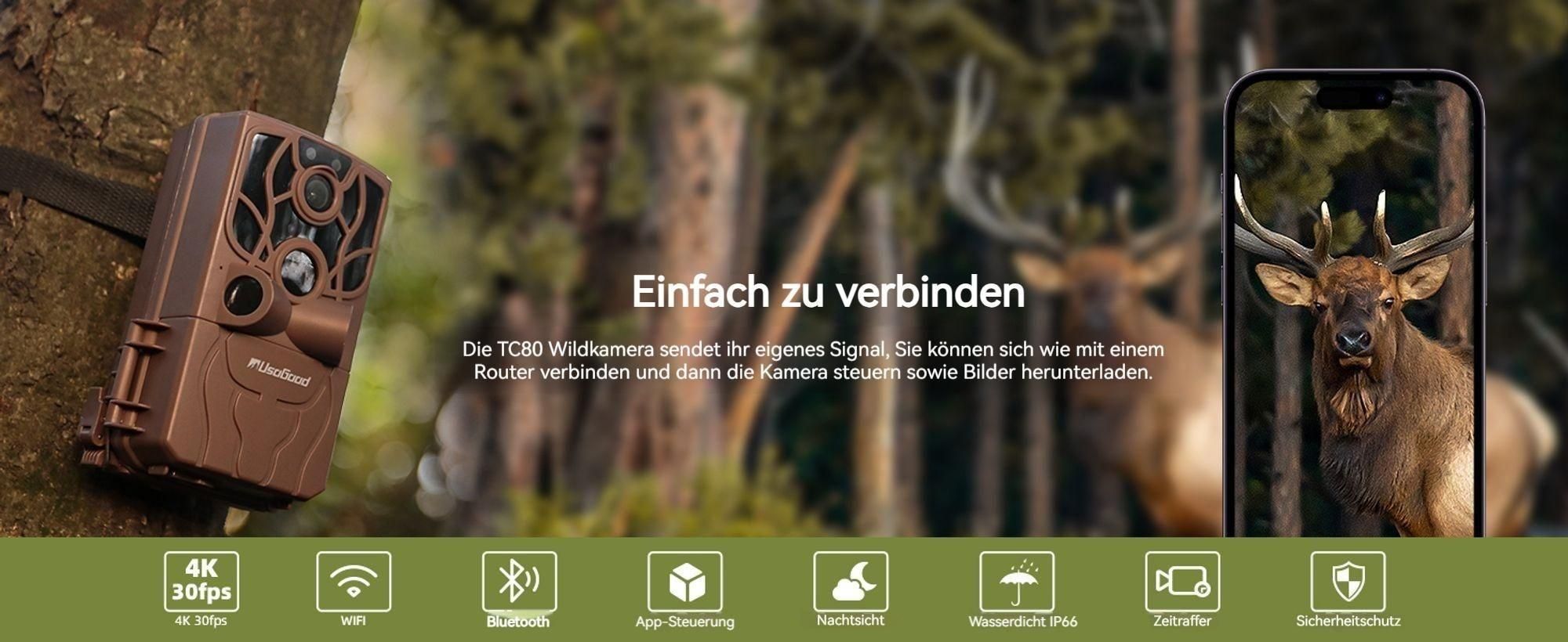Wildkamera WLAN mit App 4K 48MP Nachtsicht Bewegungsmelder Wildtierkamera, IP66