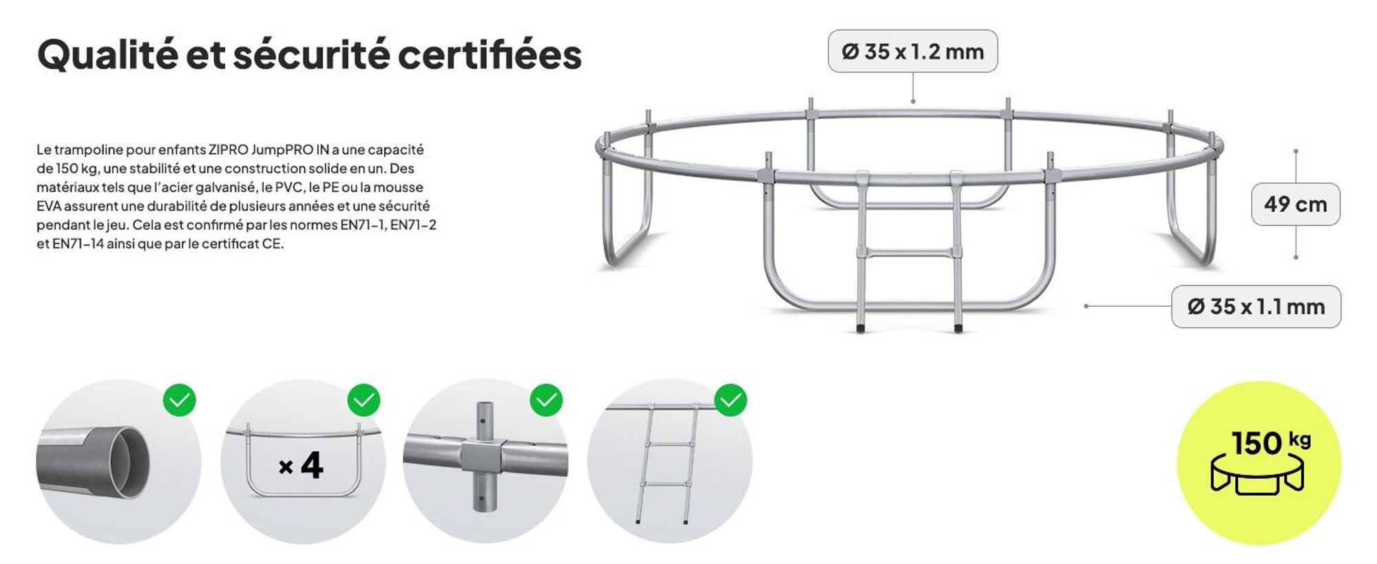 Trampoline ZIPRO Jump Pro IN | 8FT Ø 252 cm | Trampoline de jardin Trampoline pour enfants Kit complet avec filet intérieur, échelle et housse de protection, extérieur, vert