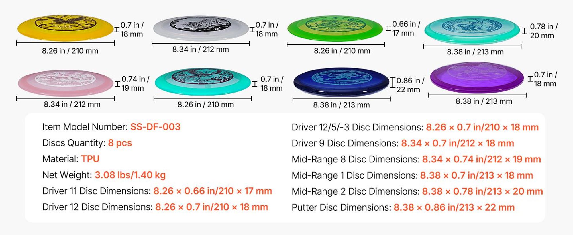 VEVOR Disc Golf Set, 8-teiliges Disc Golf Starterset, fliegende Scheiben für Anfänger für das Ganzkörper-Stärkungstraining, mit Putter, Mid-Range, Driver, PDGA genehmigt, für den Außenbereich, Garten, Rasen, Strand und Park, 8 STK