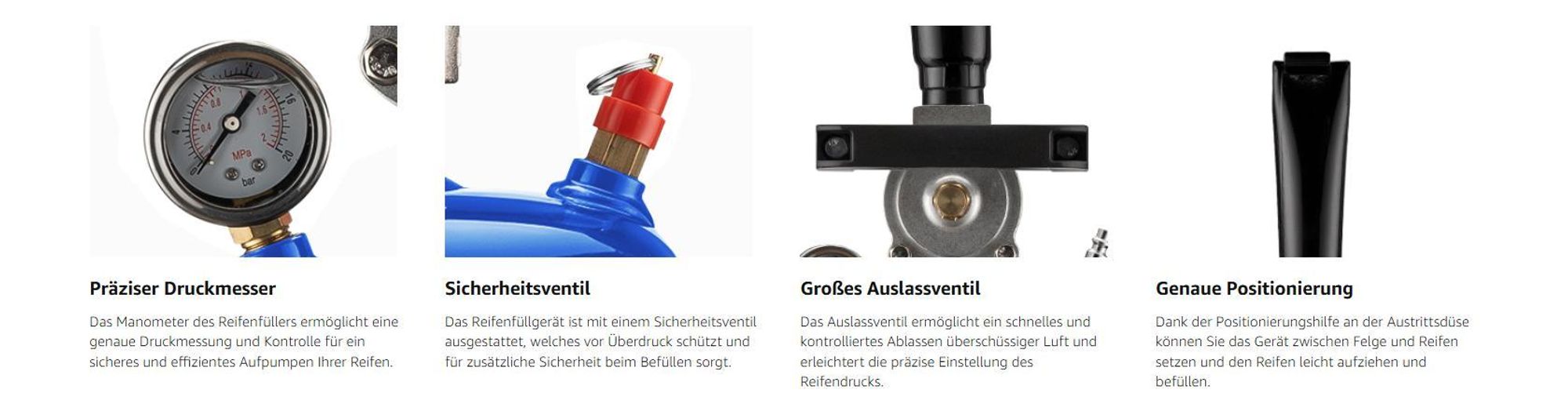 Wiltec Druckluft Reifenfüller 7 l, Reifen Booster mit 6-8 bar, Befüllhilfe für verschiedene Reifen, Reifenfüllkanone für Auto und Motorrad, tragbarer Reifenschockfüller