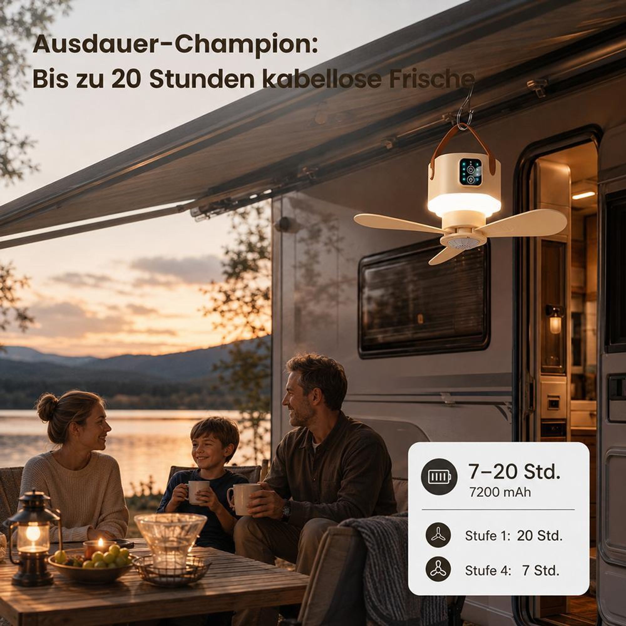Ø24cm Camping Ventilator mit Licht, Akku 7200mAh, Touch-Stop Sicherheit, USB-C, Fernbedienung & Timer, 3-in-1 Hängeventilator für Zelt Wohnmobil