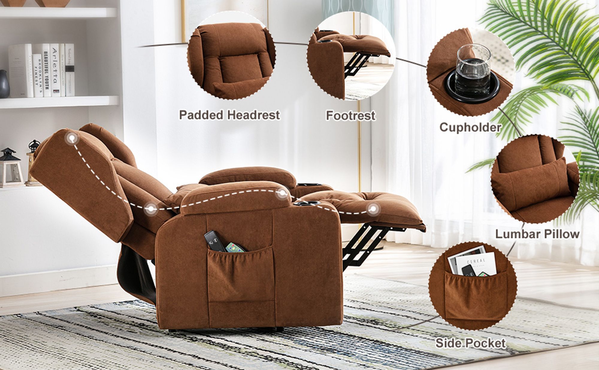 COMHOMA Relaxsessel Aufstehhilfe Massagesessel Fernsehsessel Liege mit Massage Ergonomischer Sessel Stoffoberfläche braun