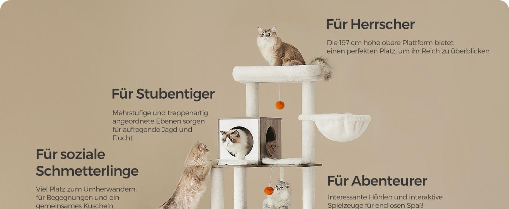 Feandrea Kratzbaum groß, 197cm, Katzenbaum XXL, modern, mehrstöckiges Katzenhaus, Katzenbürste, Tunnel greige meliert