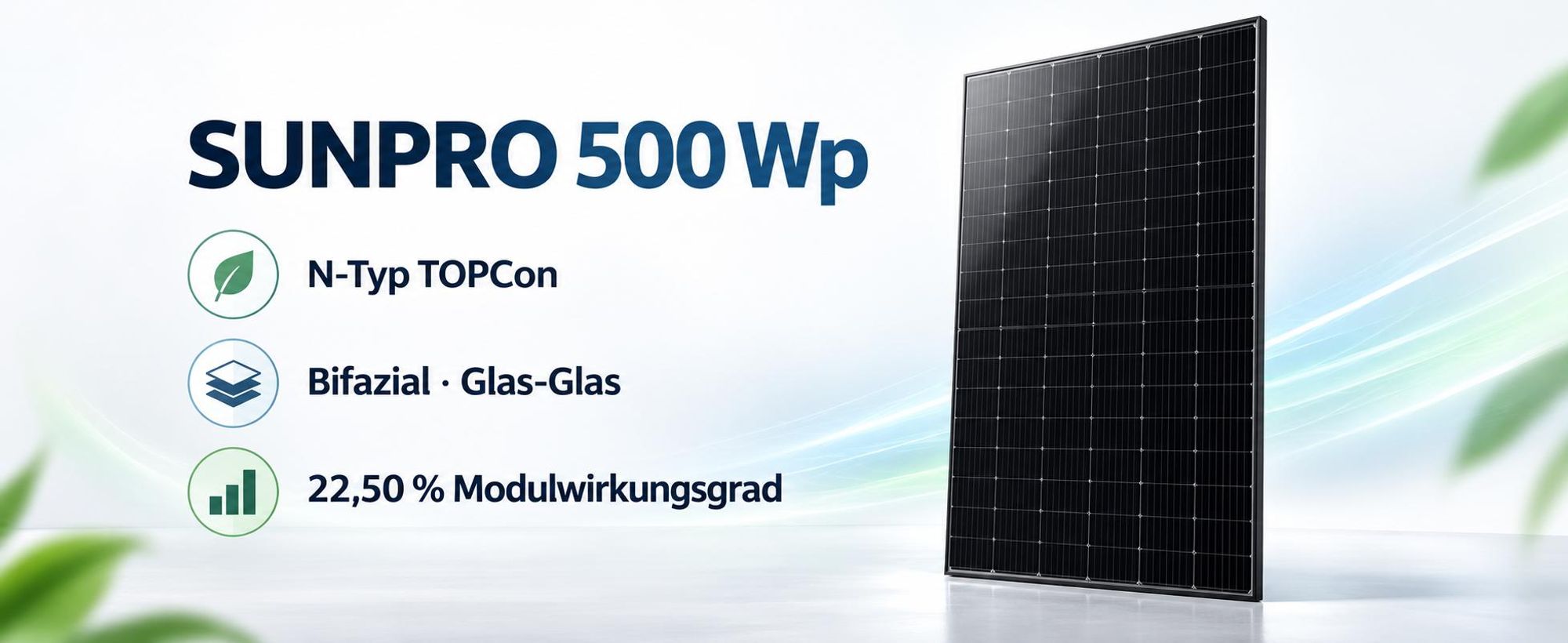 SUNPRO 500 Wp bifaziales Glas-Glas-Solarmodul mit N-Typ-TOPCon-Technologie und 22,50 %