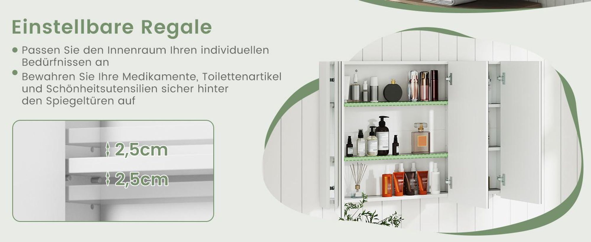COSTWAY Spiegelschrank Badezimmer, Badezimmerspiegel mit Ablagen, Badezimmerspiegelschrank, Wandschrank mit Spiegel, Hängeschrank, 90 x 11 x 65 cm