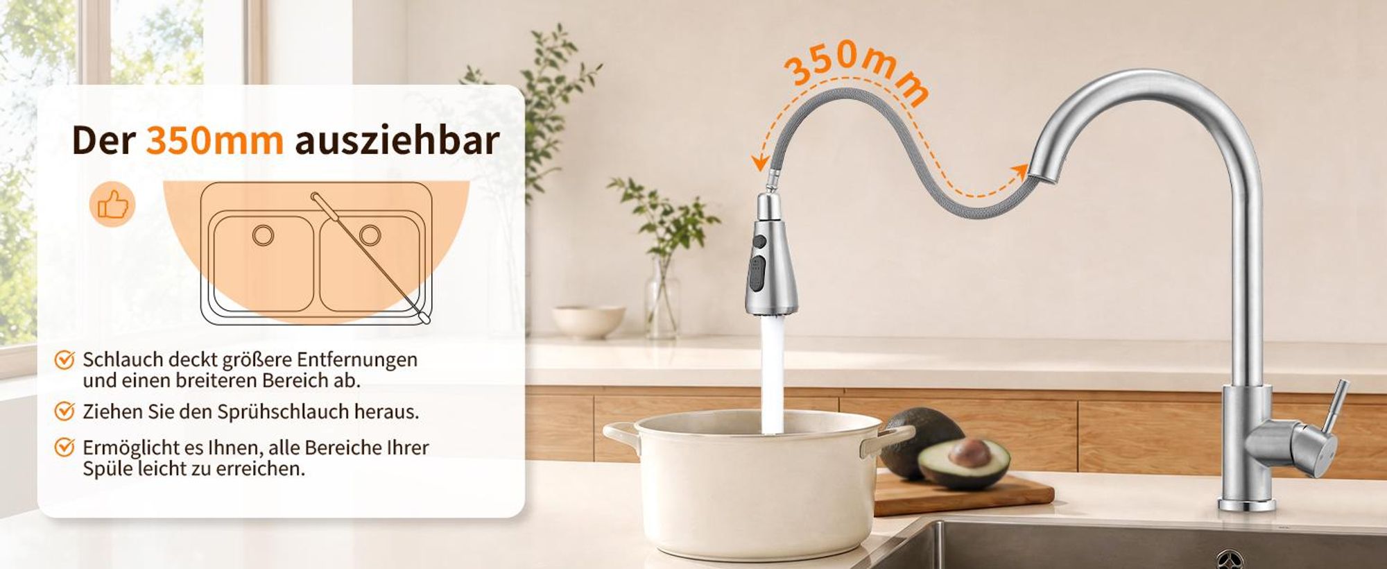 Homelody Wasserhahn Küche Edelstahl,Küchenarmatur 360°Schwenkbar,Armatur Küche 3 Strahlarten Geschirrbrause,Hochdruck Mischbatterie Küche mit Brause