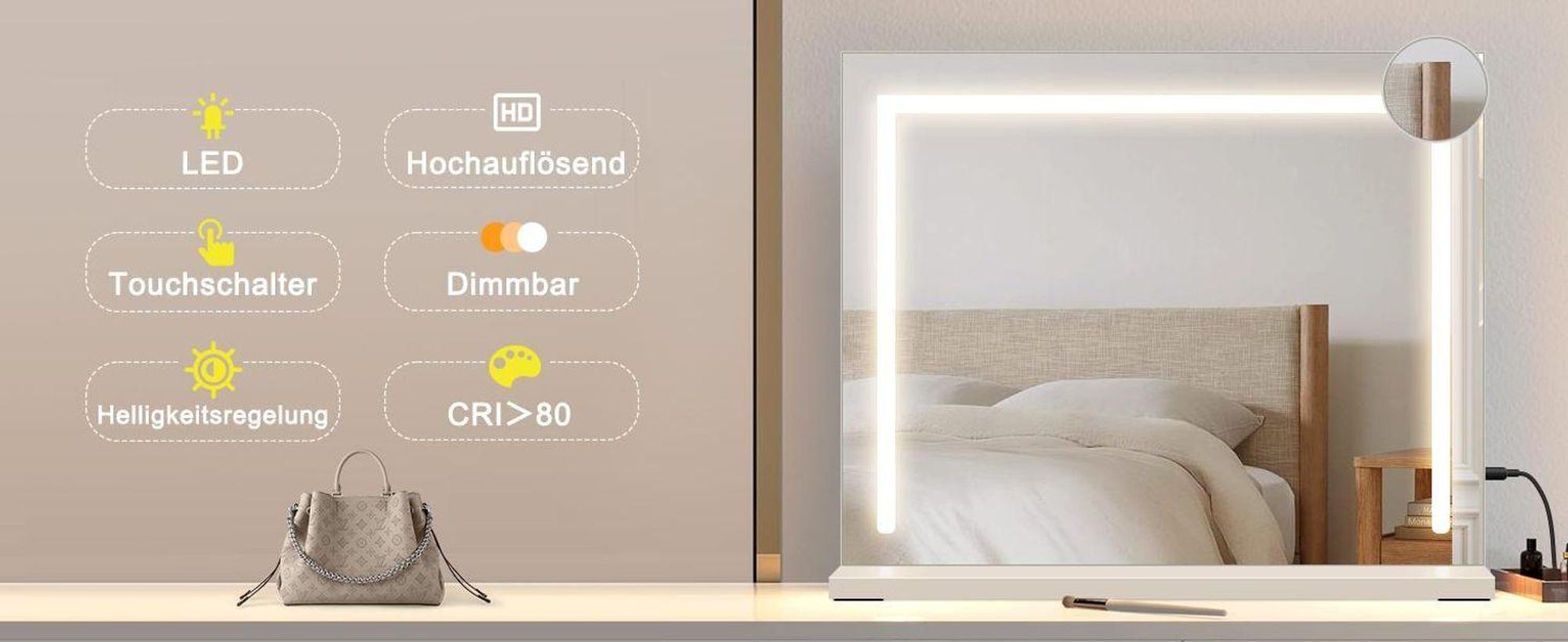 ZMH Specchio cosmetico con illuminazione 70x55 cm Specchio da toeletta con luce Touch LED dimmerabile 3 modalità di illuminazione colorata Ingrandimento 5x Specchio per camera da letto