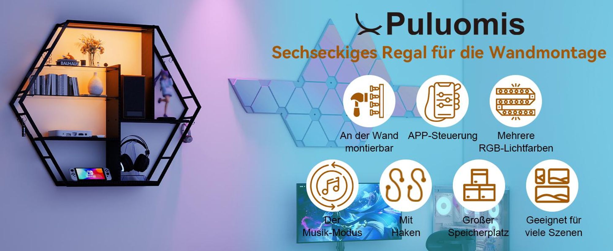 Puluomis Wandregal mit 6 Ablagen, Weinregale, 87x20x100cm, Holz Metall Hängeregal, großes Regal, RGB-LED-Lichter, Glas-Schweberegal, mit Hängestange