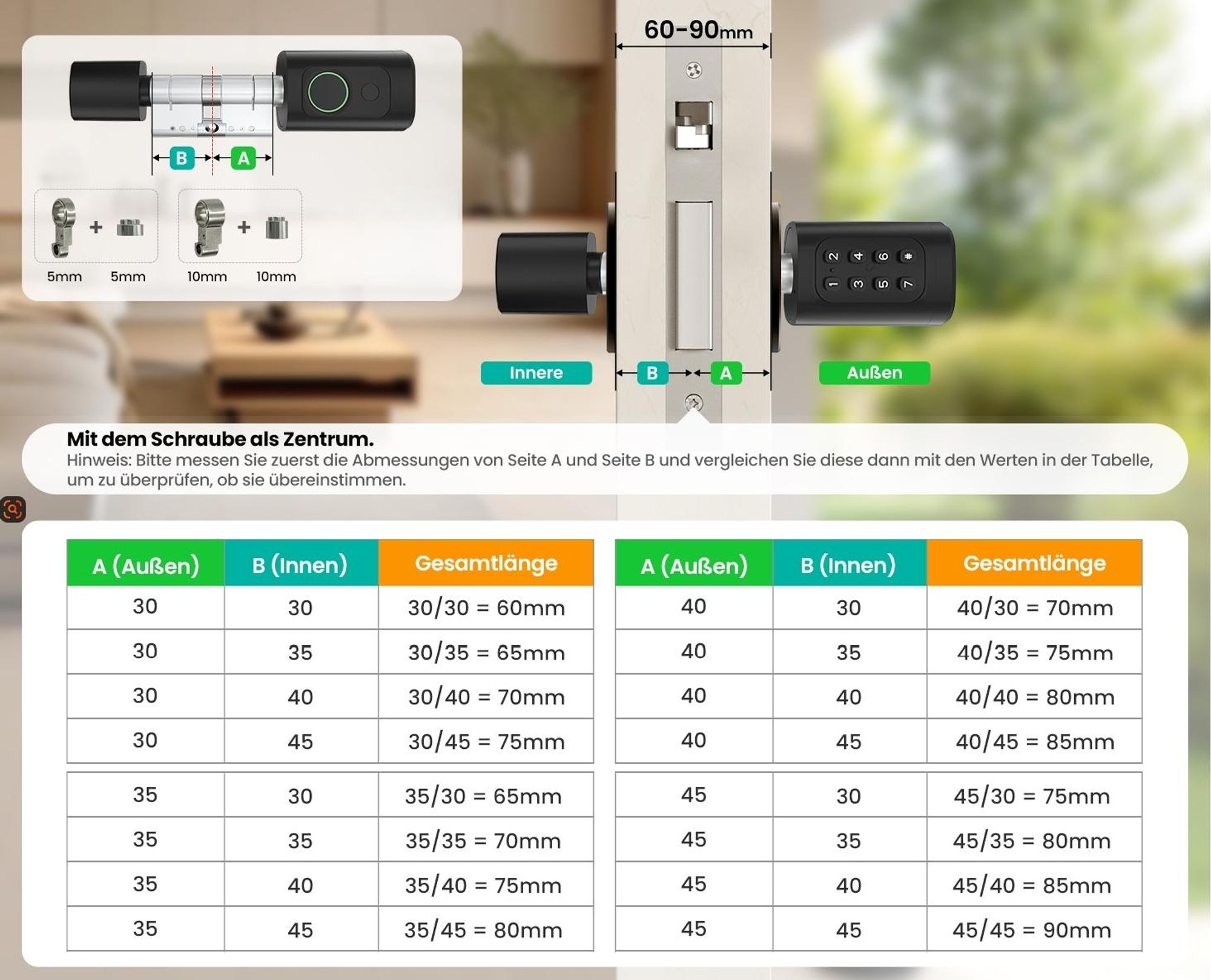Smartlock Schließzylinder 60-90mm, Elektrisches Türschloss Haustür, Schloss mit Fingerabdruck, PIN, RFID, Tuya App & Notschlüssel