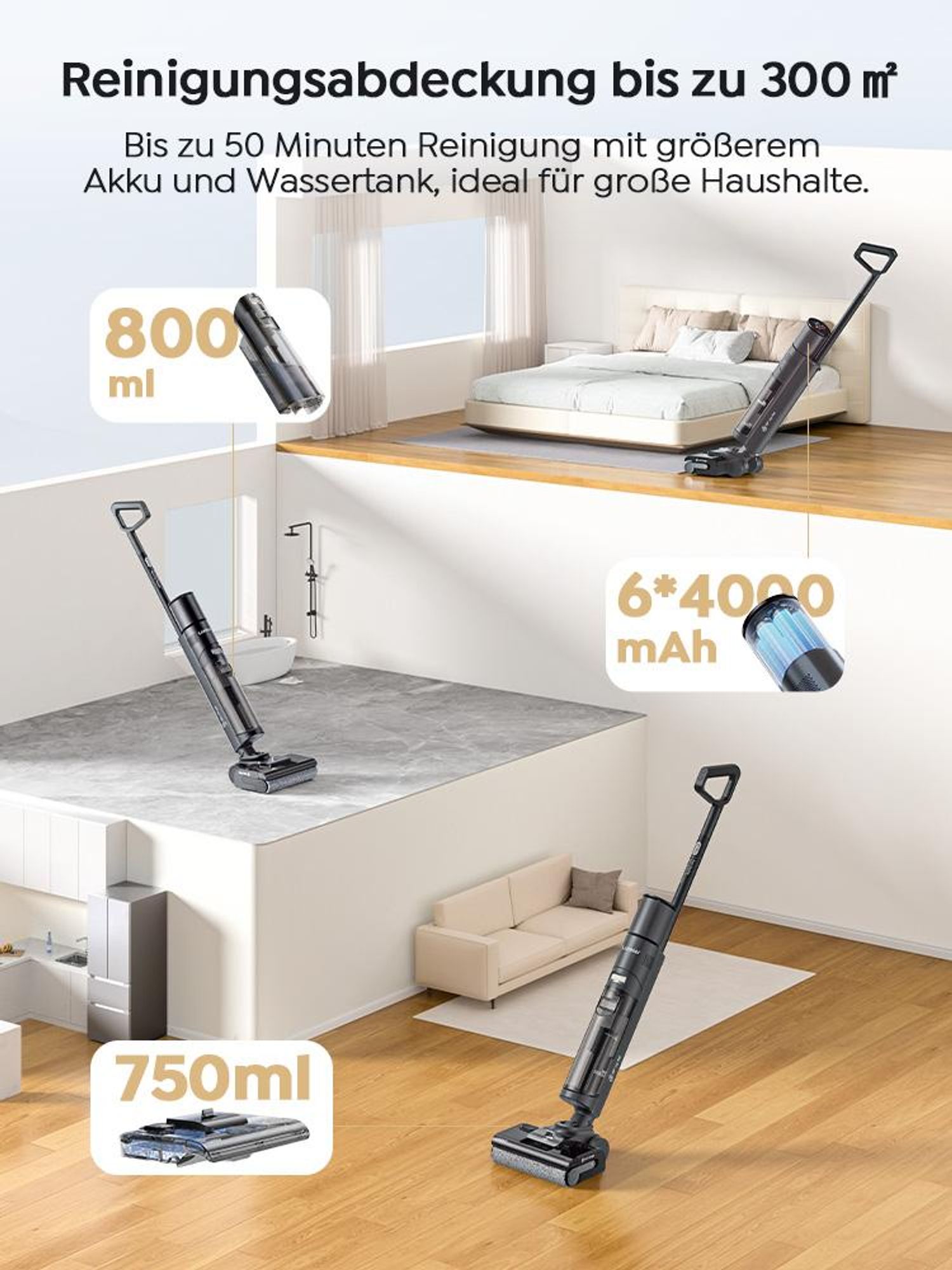 Laresar S7Pro Nass Trockensauger Kabelloser Staubsauger mit Wischfunktion,Zusätzlicher Trennbehälter,5-Minuten Selbsttrocknung mit Heißwäsche,19KPA