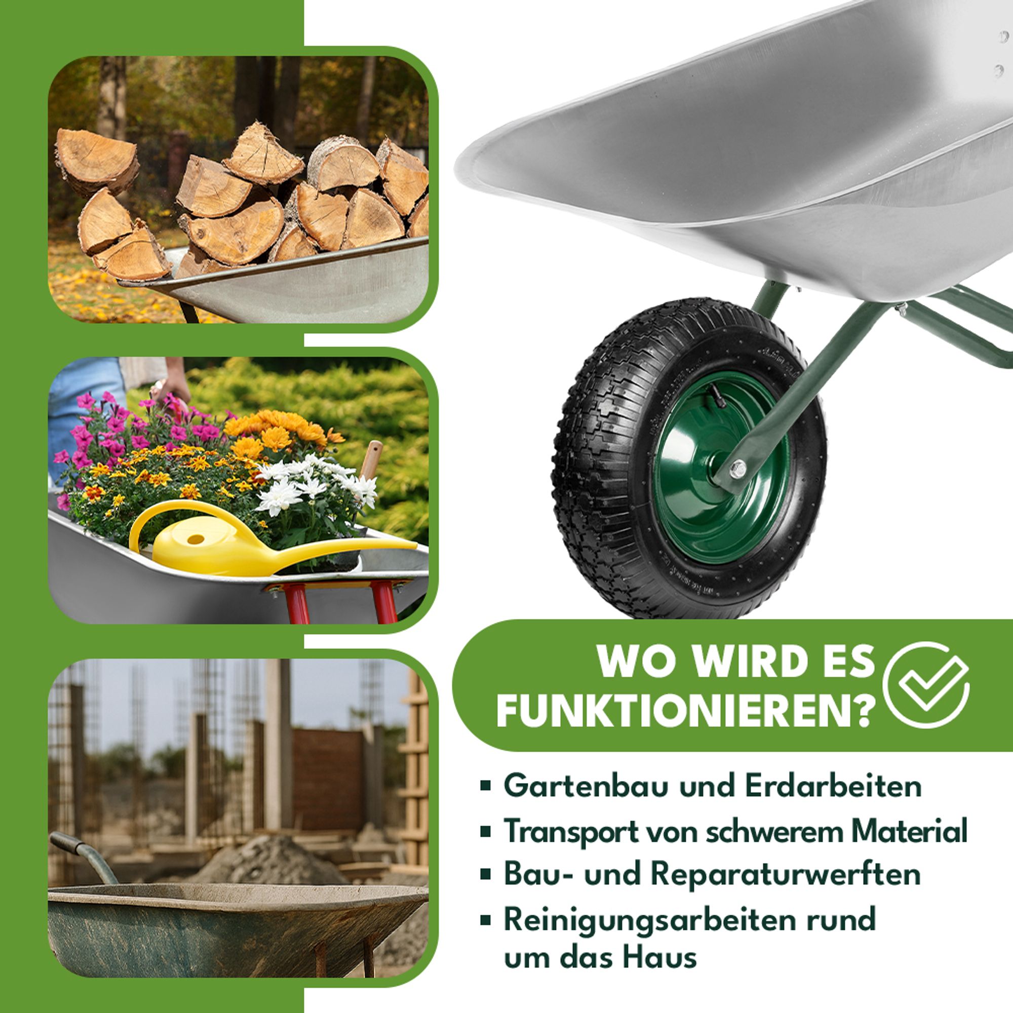 KRUMAD Schubkarrenrad mit Achse 200 kg 4.80/4.00-8 39 cm Metall Ersatzrad für Schubkarre Schubkarrenzubehör