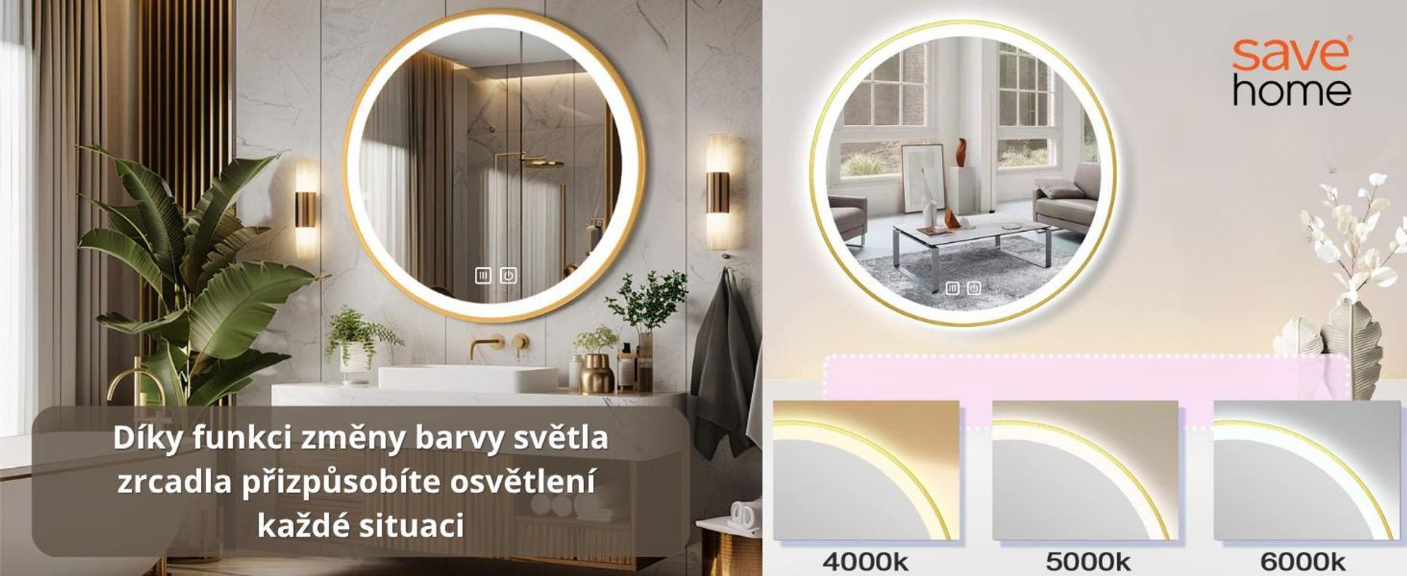 SAVE ®HOME LED kulaté koupelnové zrcadlo - 60 cm - ILUMINOVANÉ - ZLATÝ RÁM - 3 BARVY SVĚTLA - STMÍVATELNÉ - BEZ PARAMETRU - DOTYK - ZRCADLO NA STĚNU