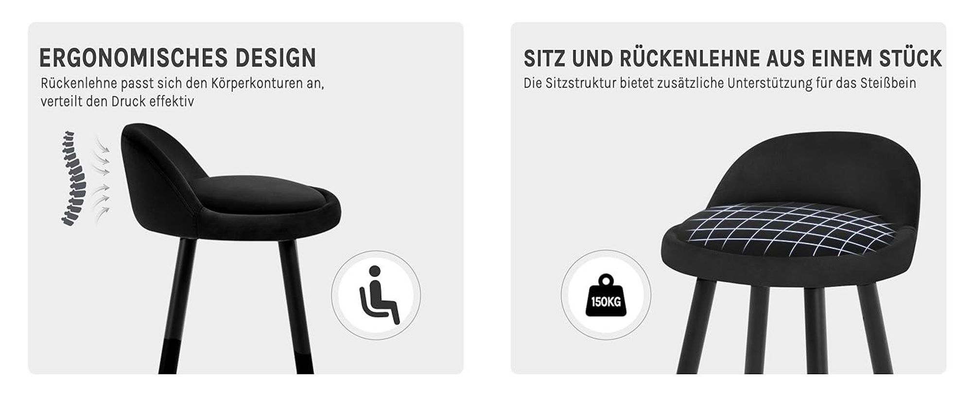WOLTU Barhocker 1er Set Barstuhl Hocker Tresenhocker Bistrohocker Designer Hocker mit Lehne und Fußstütze aus Samt Metall,  Schwarz